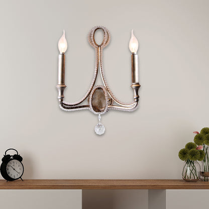 Retro Loft Fabric Wall Light Fixture 2 Heads Conical Sconce Light with Crystal Beaded Strand in Aged Silver Aged Silver Shadeless Clearhalo 'Modern wall lights' 'Modern' 'Wall Lamps & Sconces' 'Wall Lights' Lighting' 153577