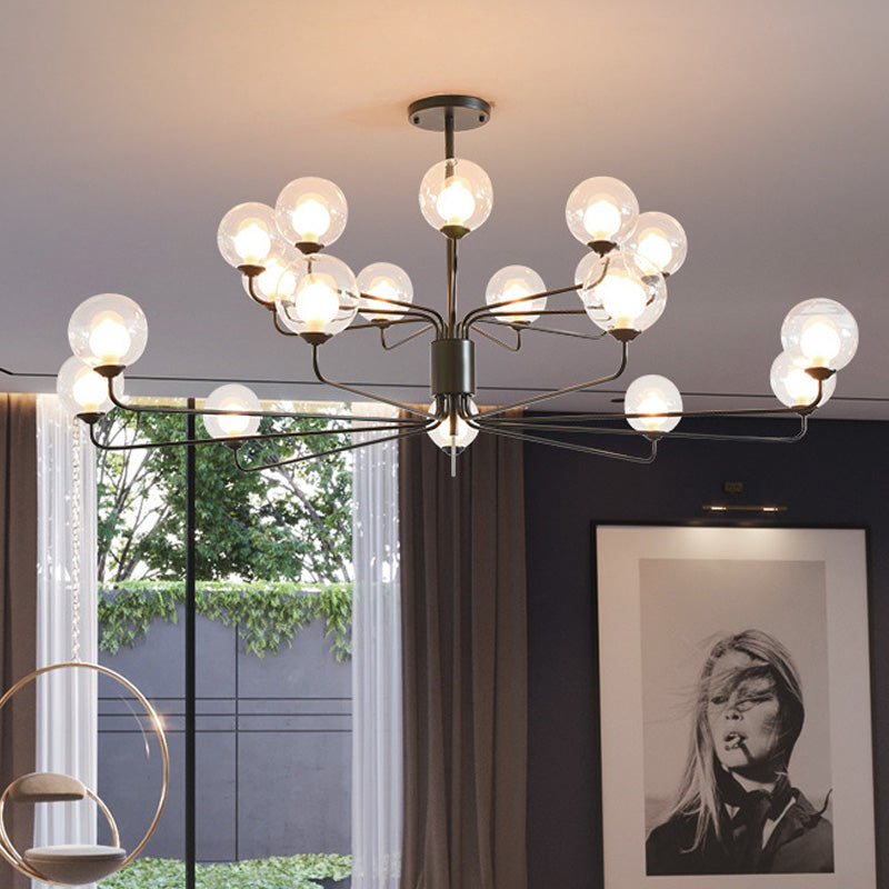 2-Tier Ball Clear Glass Chandelier with Radial Design Contemporary 8/12/18 Lights Black/Gold Hanging Light Fixture 18 Black Clearhalo 'Ceiling Lights' 'Chandeliers' 'Glass shade' 'Glass' 'Modern Chandeliers' 'Modern' Lighting' 153782