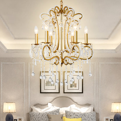 Gold Finish Candle Ceiling Pendant Light Vintage Style Crystal and Metal 6 Lights Suspension Light for Bedroom Gold Clearhalo 'Ceiling Lights' 'Chandeliers' 'Modern Chandeliers' 'Modern' Lighting' 153871