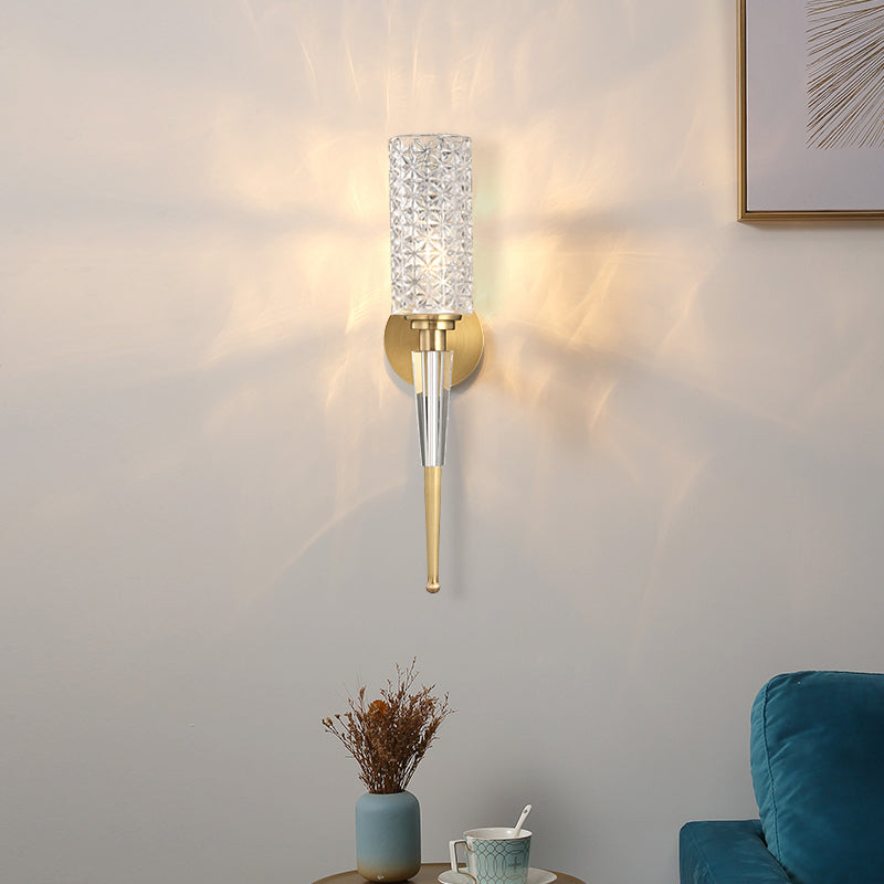 Clear Crystal Wall Lamp Fixture Contemporary 1 Light Sconce Light with Cylinder/Tapered Shade in Gold - Gold - Cylinder - Clearhalo - 'Modern wall lights' - 'Modern' - 'Wall Lamps & Sconces' - 'Wall Lights' - Lighting' - 154083