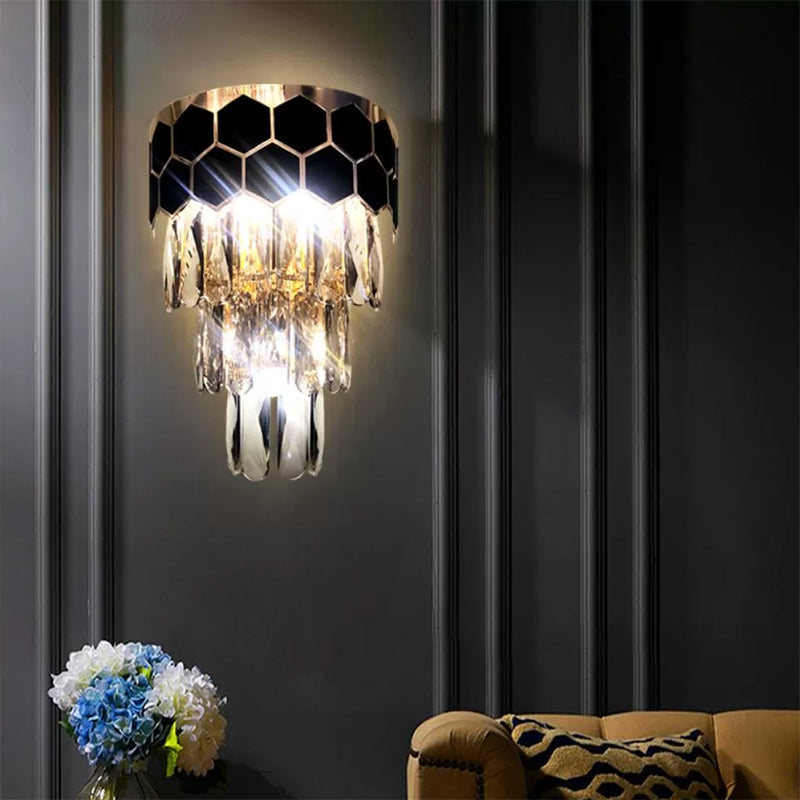 2 Lights Tiered Wall Mounted Light Modernist Metal Wall Lamp with Crystal Block in Black for Bedroom Black A Clearhalo 'Modern wall lights' 'Modern' 'Wall Lamps & Sconces' 'Wall Lights' Lighting' 154129