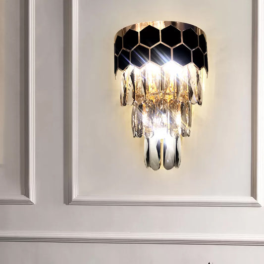 2 Lights Tiered Wall Mounted Light Modernist Metal Wall Lamp with Crystal Block in Black for Bedroom Clearhalo 'Modern wall lights' 'Modern' 'Wall Lamps & Sconces' 'Wall Lights' Lighting' 154130