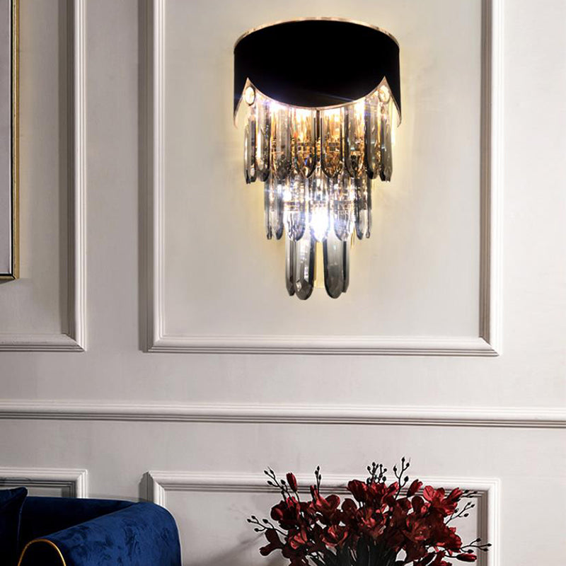 2 Lights Tiered Wall Mounted Light Modernist Metal Wall Lamp with Crystal Block in Black for Bedroom Black C Clearhalo 'Modern wall lights' 'Modern' 'Wall Lamps & Sconces' 'Wall Lights' Lighting' 154136