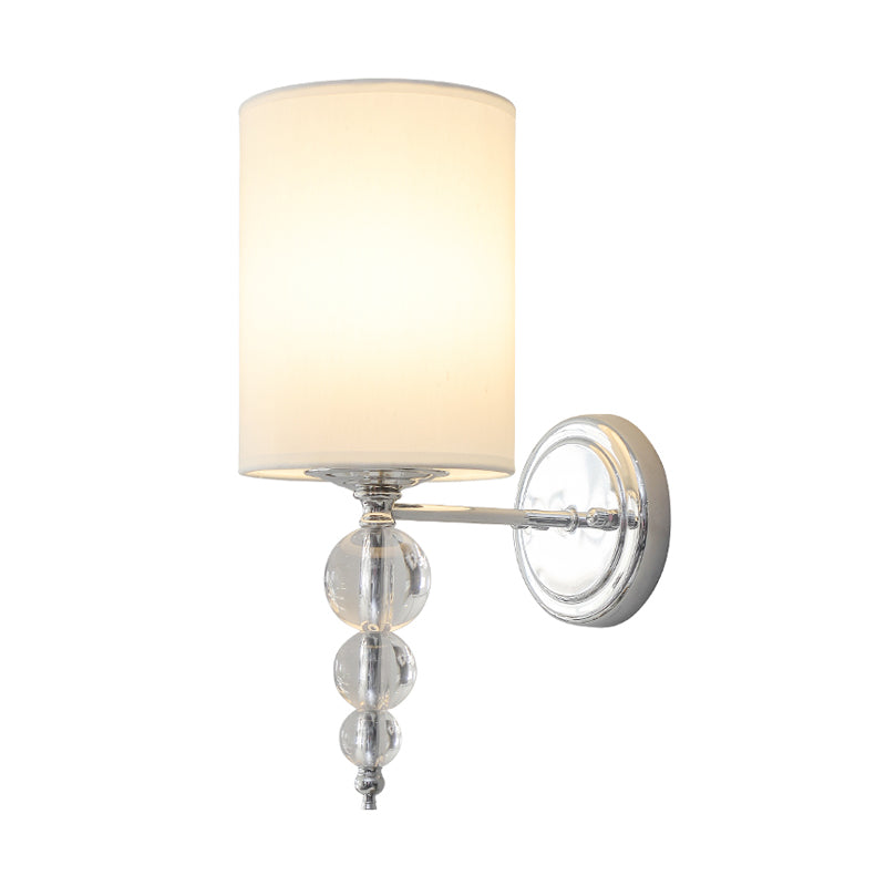 1 Head Cylinder Shade Wall Mount Light Modern Fabric and Metal Wall Lamp with Clear Crystal Ball Deco in Chrome Clearhalo 'Modern wall lights' 'Modern' 'Wall Lamps & Sconces' 'Wall Lights' Lighting' 154186