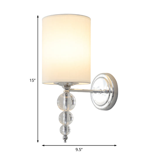 1 Head Cylinder Shade Wall Mount Light Modern Fabric and Metal Wall Lamp with Clear Crystal Ball Deco in Chrome Clearhalo 'Modern wall lights' 'Modern' 'Wall Lamps & Sconces' 'Wall Lights' Lighting' 154187
