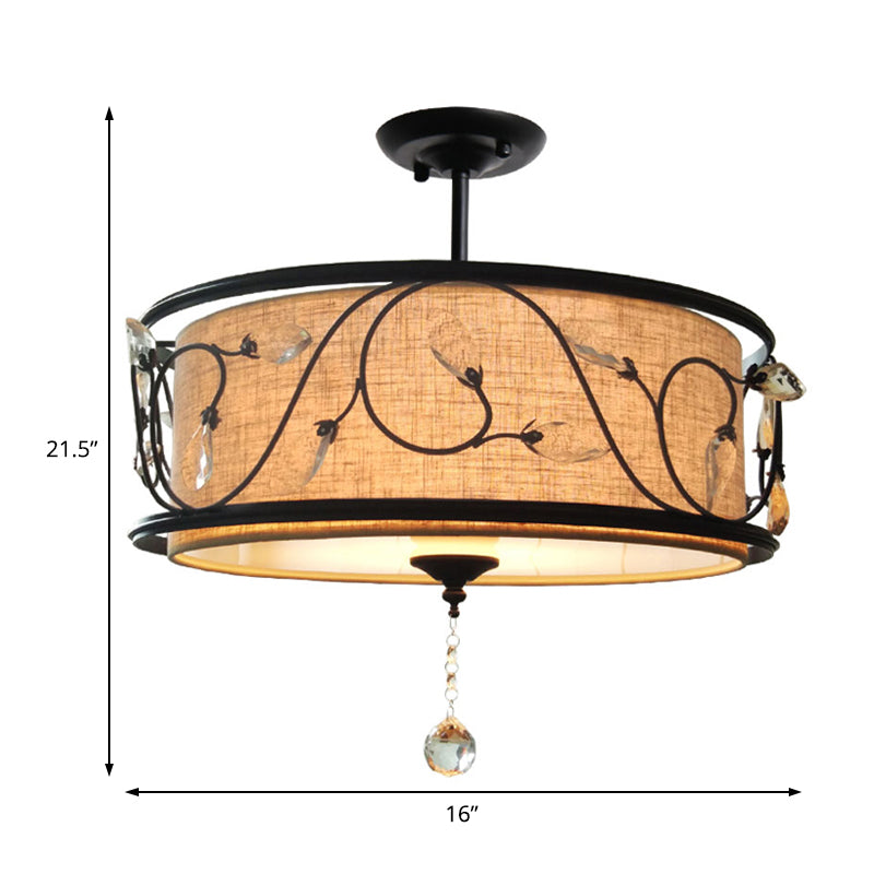 Vintage Drum Semi Flush Light Fabric and Metallic Ceiling Light Fixture in Black Finish for Living Room Clearhalo 'Ceiling Lights' 'Close To Ceiling Lights' 'Close to ceiling' 'Semi-flushmount' Lighting' 154251
