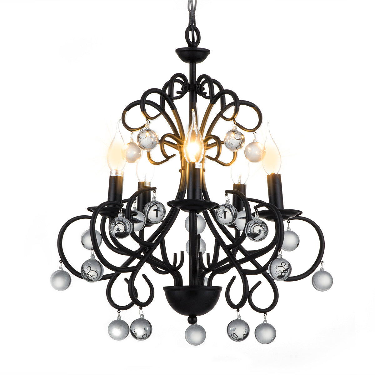 Dining Room Candle Chandelier Lamp Metal Vintage Style 5 Lights Black Suspension Light with Clear Crystal Ball Clearhalo 'Ceiling Lights' 'Chandeliers' 'Industrial Chandeliers' 'Industrial' 'Middle Century Chandeliers' 'Tiffany' Lighting' 154284