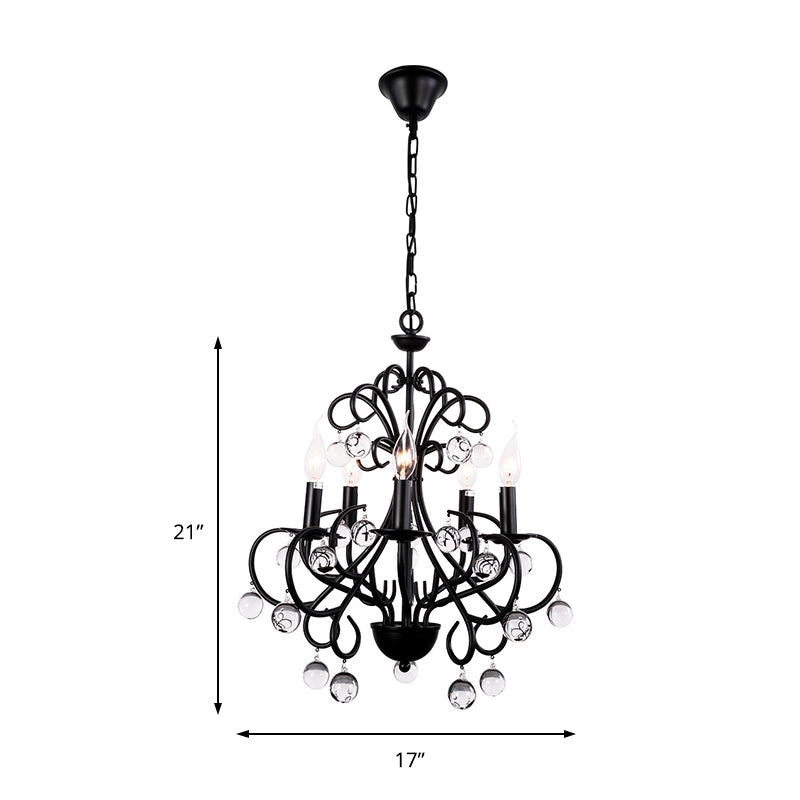 Dining Room Candle Chandelier Lamp Metal Vintage Style 5 Lights Black Suspension Light with Clear Crystal Ball Clearhalo 'Ceiling Lights' 'Chandeliers' 'Industrial Chandeliers' 'Industrial' 'Middle Century Chandeliers' 'Tiffany' Lighting' 154285