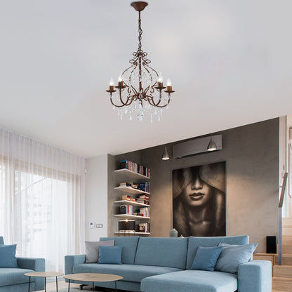 Antique Style Candle Pendant Lamp with Clear Crystal Strand 5 Lights Chandelier Light in Dark Rust for Foyer Rust Clearhalo 'Cast Iron' 'Ceiling Lights' 'Chandeliers' 'Industrial Chandeliers' 'Industrial' 'Metal' 'Middle Century Chandeliers' 'Rustic Chandeliers' 'Tiffany' Lighting' 154478