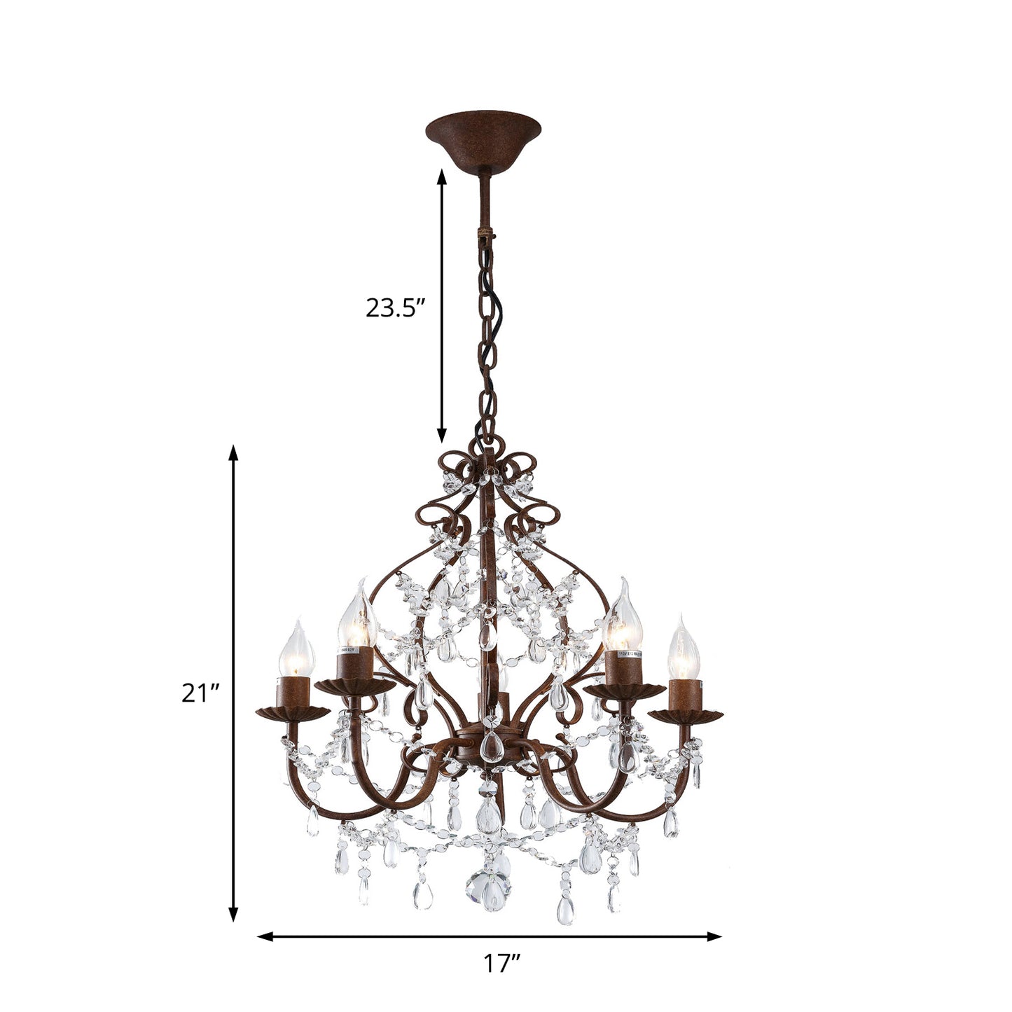 Antique Style Candle Pendant Lamp with Clear Crystal Strand 5 Lights Chandelier Light in Dark Rust for Foyer Clearhalo 'Cast Iron' 'Ceiling Lights' 'Chandeliers' 'Industrial Chandeliers' 'Industrial' 'Metal' 'Middle Century Chandeliers' 'Rustic Chandeliers' 'Tiffany' Lighting' 154481
