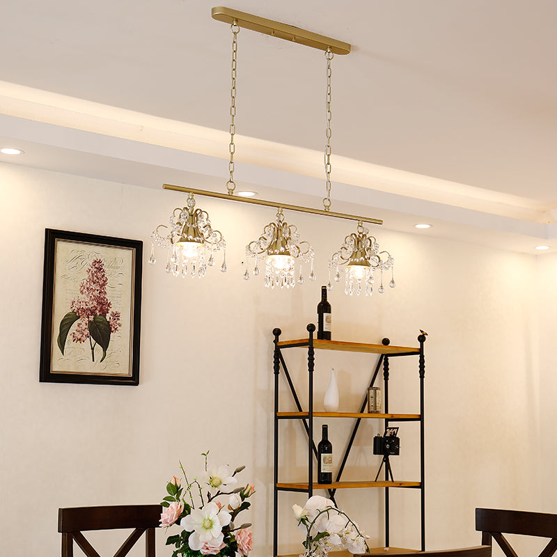 Vintage Style Linear Pendant Light Crystal and Metal 3-Light Island Lighting in Champagne for Living Room Champagne Clearhalo 'Ceiling Lights' 'Island Lights' Lighting' 154610