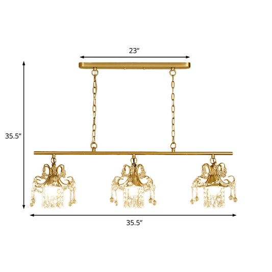 Vintage Style Linear Pendant Light Crystal and Metal 3-Light Island Lighting in Champagne for Living Room Clearhalo 'Ceiling Lights' 'Island Lights' Lighting' 154613