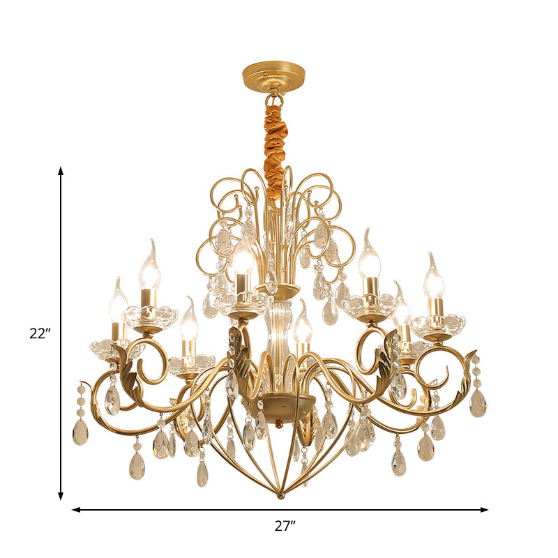 5/8 Lights Candle Hanging Lamp Vintage Style Metal and Crystal Height Adjustable Chandelier Pendant Light in Gold Clearhalo 'Ceiling Lights' 'Chandeliers' 'Modern Chandeliers' 'Modern' Lighting' 154719