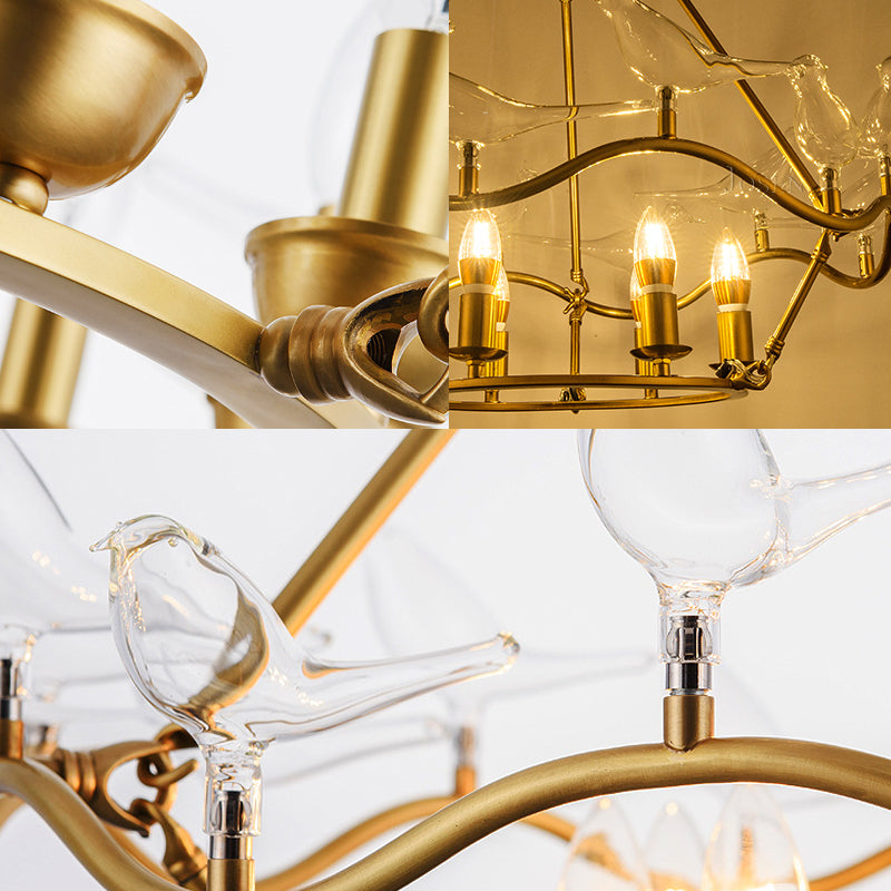 Postmodern Candle Chandelier Iron 6/9-Head Living Room Ceiling Hung Fixture in Gold with Clear Glass Birds Clearhalo 'Ceiling Lights' 'Chandeliers' 'Modern Chandeliers' 'Modern' Lighting' 154774