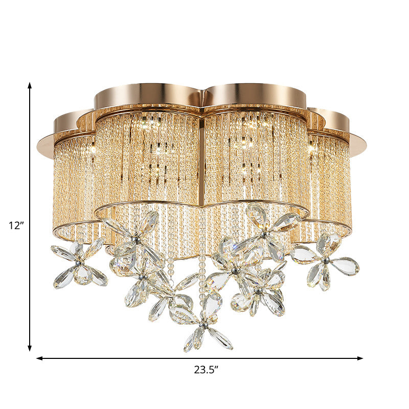 Gold Flower Shade Flushmount Lighting Modern Clear Crystal and Metal LED Flush Pendant Light, 19.5"/23.5" Wide Clearhalo 'Ceiling Lights' 'Close To Ceiling Lights' 'Close to ceiling' 'Flush mount' Lighting' 154894