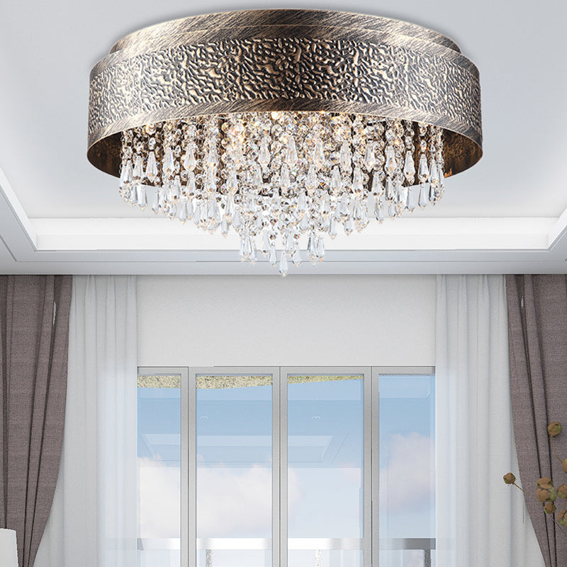 Bronze Drum Flush Lamp Antique Style Iron 5/9 Lights Flush Mount Ceiling Light with Crystal Accent, 16"/19.5" Width Clearhalo 'Ceiling Lights' 'Close To Ceiling Lights' 'Close to ceiling' 'Flush mount' Lighting' 154914