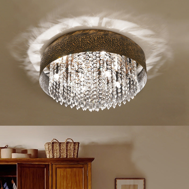 Bronze Drum Flush Lamp Antique Style Iron 5/9 Lights Flush Mount Ceiling Light with Crystal Accent, 16"/19.5" Width Bronze 19.5" Clearhalo 'Ceiling Lights' 'Close To Ceiling Lights' 'Close to ceiling' 'Flush mount' Lighting' 154915