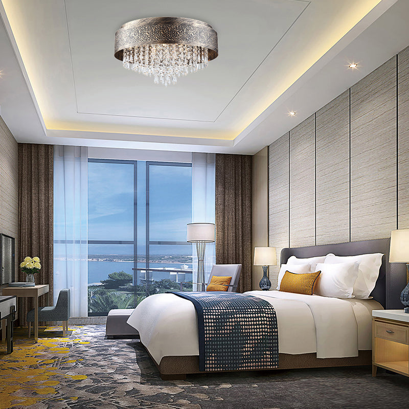 Bronze Drum Flush Lamp Antique Style Iron 5/9 Lights Flush Mount Ceiling Light with Crystal Accent, 16"/19.5" Width Clearhalo 'Ceiling Lights' 'Close To Ceiling Lights' 'Close to ceiling' 'Flush mount' Lighting' 154916