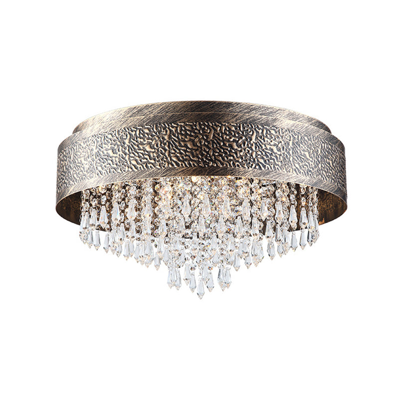 Bronze Drum Flush Lamp Antique Style Iron 5/9 Lights Flush Mount Ceiling Light with Crystal Accent, 16"/19.5" Width Clearhalo 'Ceiling Lights' 'Close To Ceiling Lights' 'Close to ceiling' 'Flush mount' Lighting' 154917