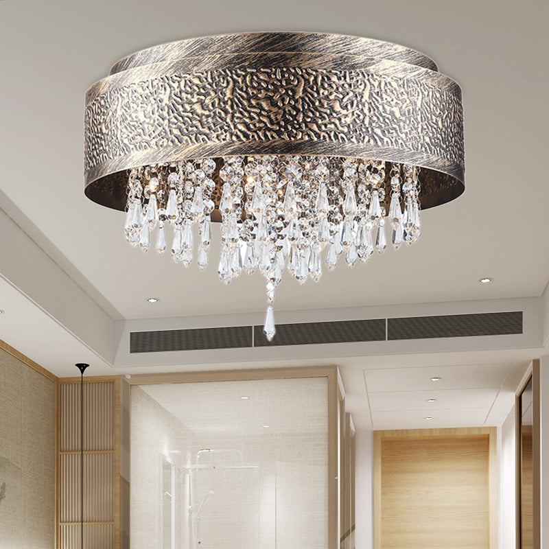 Bronze Drum Flush Lamp Antique Style Iron 5/9 Lights Flush Mount Ceiling Light with Crystal Accent, 16"/19.5" Width Bronze 16" Clearhalo 'Ceiling Lights' 'Close To Ceiling Lights' 'Close to ceiling' 'Flush mount' Lighting' 154919
