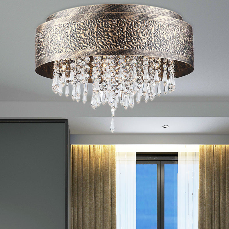 Bronze Drum Flush Lamp Antique Style Iron 5/9 Lights Flush Mount Ceiling Light with Crystal Accent, 16"/19.5" Width Clearhalo 'Ceiling Lights' 'Close To Ceiling Lights' 'Close to ceiling' 'Flush mount' Lighting' 154921