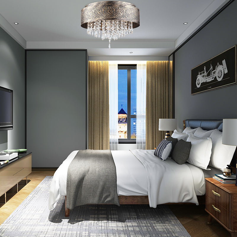 Bronze Drum Flush Lamp Antique Style Iron 5/9 Lights Flush Mount Ceiling Light with Crystal Accent, 16"/19.5" Width Clearhalo 'Ceiling Lights' 'Close To Ceiling Lights' 'Close to ceiling' 'Flush mount' Lighting' 154922