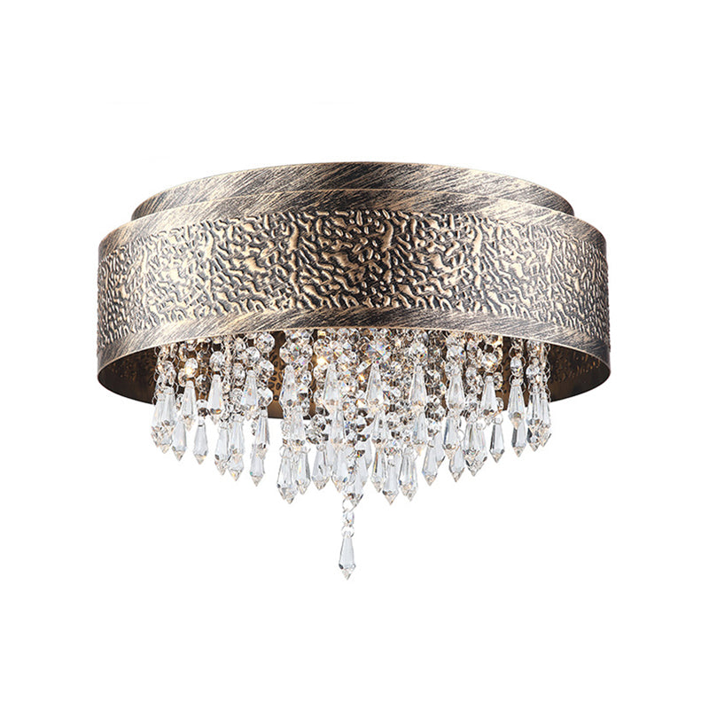Bronze Drum Flush Lamp Antique Style Iron 5/9 Lights Flush Mount Ceiling Light with Crystal Accent, 16"/19.5" Width Clearhalo 'Ceiling Lights' 'Close To Ceiling Lights' 'Close to ceiling' 'Flush mount' Lighting' 154923