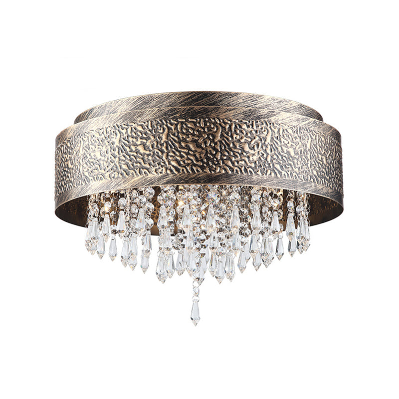 Bronze Drum Flush Lamp Antique Style Iron 5/9 Lights Flush Mount Ceiling Light with Crystal Accent, 16"/19.5" Width Clearhalo 'Ceiling Lights' 'Close To Ceiling Lights' 'Close to ceiling' 'Flush mount' Lighting' 154923