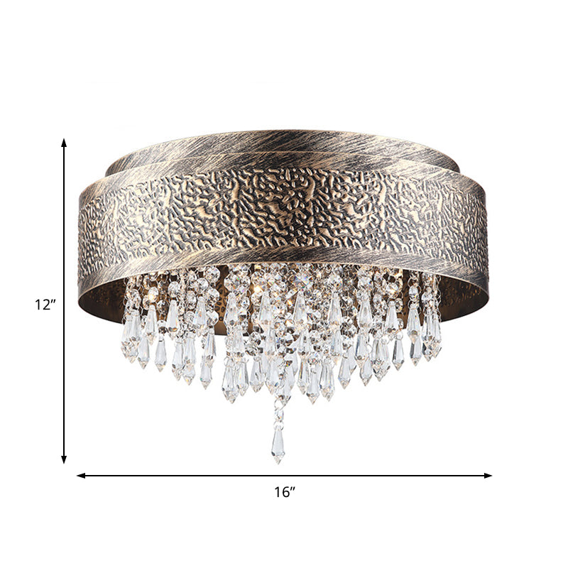 Bronze Drum Flush Lamp Antique Style Iron 5/9 Lights Flush Mount Ceiling Light with Crystal Accent, 16"/19.5" Width Clearhalo 'Ceiling Lights' 'Close To Ceiling Lights' 'Close to ceiling' 'Flush mount' Lighting' 154924