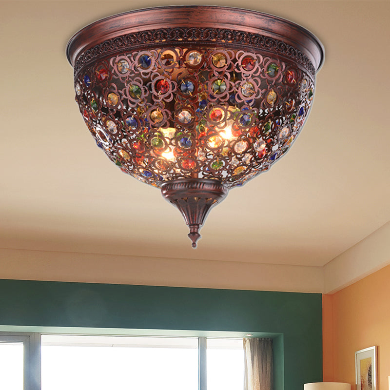 2 Lights Domed Flush Mount Fixture Vintage Metal Flush Ceiling Light with Crystal Bead in Weathered Copper Clearhalo 'Ceiling Lights' 'Close To Ceiling Lights' 'Close to ceiling' 'Flush mount' Lighting' 154935