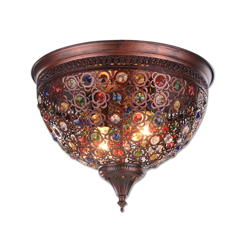 2 Lights Domed Flush Mount Fixture Vintage Metal Flush Ceiling Light with Crystal Bead in Weathered Copper Clearhalo 'Ceiling Lights' 'Close To Ceiling Lights' 'Close to ceiling' 'Flush mount' Lighting' 154936