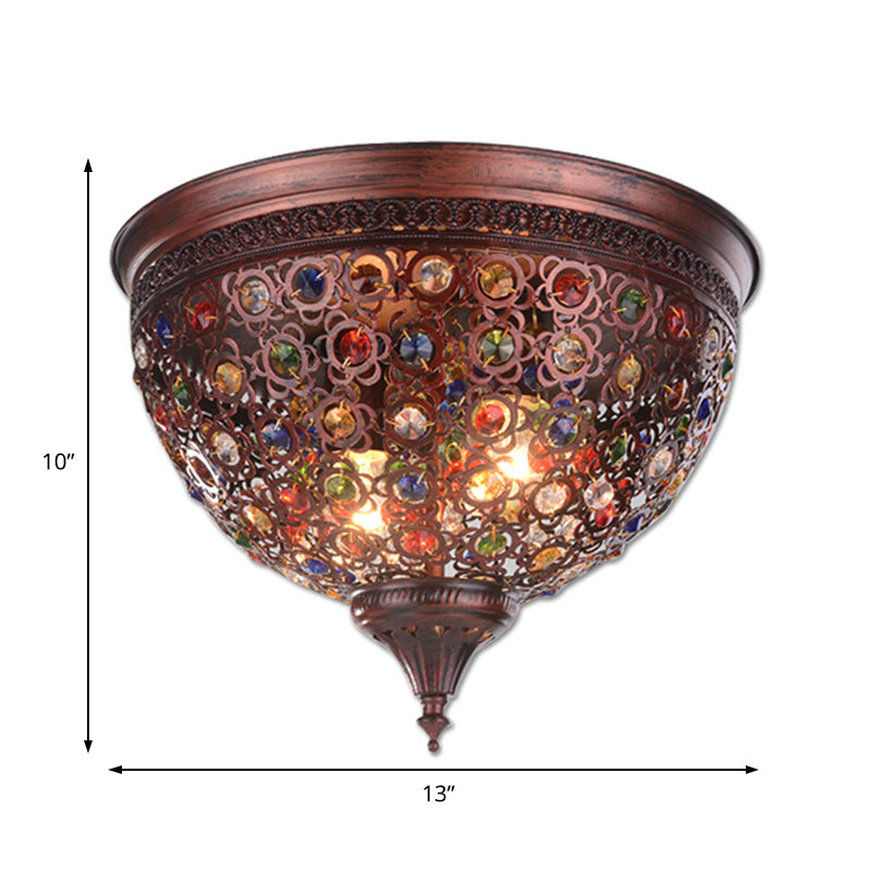 2 Lights Domed Flush Mount Fixture Vintage Metal Flush Ceiling Light with Crystal Bead in Weathered Copper Clearhalo 'Ceiling Lights' 'Close To Ceiling Lights' 'Close to ceiling' 'Flush mount' Lighting' 154937