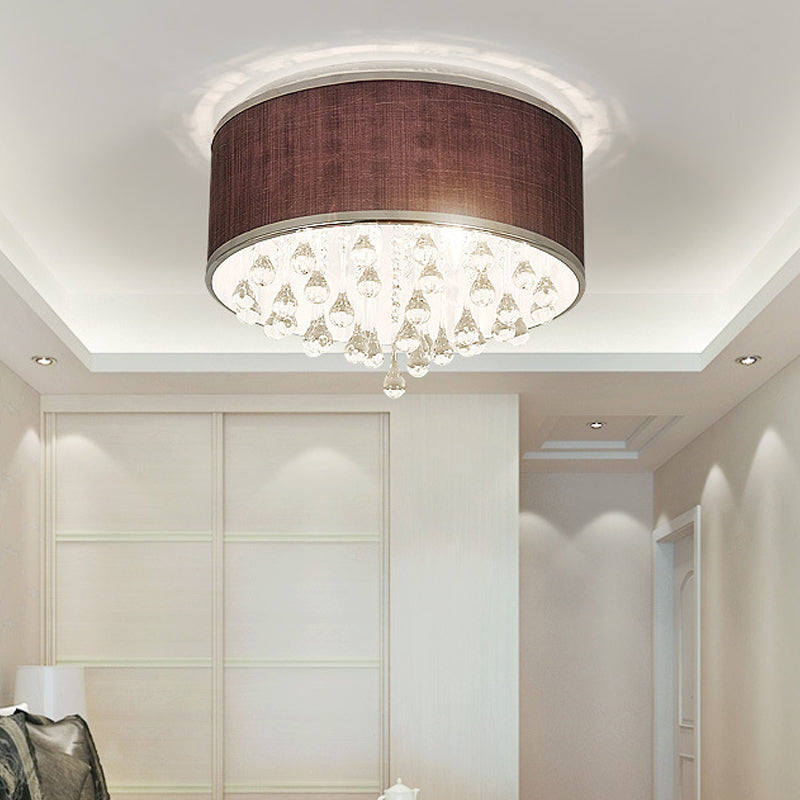 Black Drum Flush Pendant Light 6/8 Lights Contemporary Fabric Ceiling Lighting with Clear Teardrop Crystal Accent, 18"/19.5" Dia Clearhalo 'Ceiling Lights' 'Close To Ceiling Lights' 'Close to ceiling' 'Flush mount' Lighting' 154939