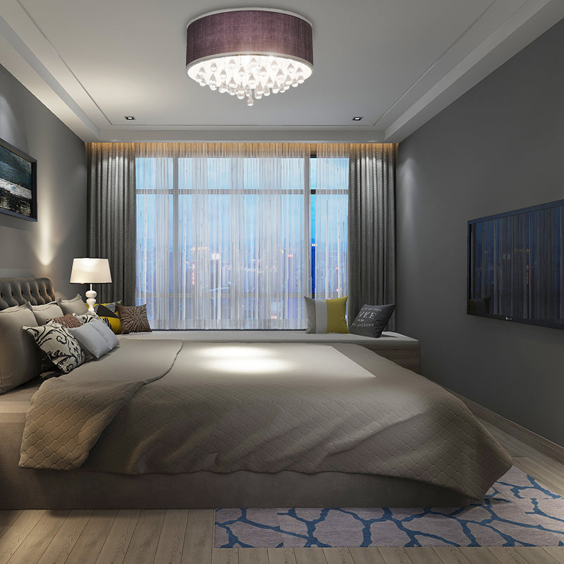 Black Drum Flush Pendant Light 6/8 Lights Contemporary Fabric Ceiling Lighting with Clear Teardrop Crystal Accent, 18"/19.5" Dia Clearhalo 'Ceiling Lights' 'Close To Ceiling Lights' 'Close to ceiling' 'Flush mount' Lighting' 154943