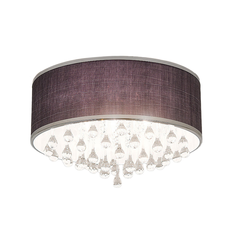 Black Drum Flush Pendant Light 6/8 Lights Contemporary Fabric Ceiling Lighting with Clear Teardrop Crystal Accent, 18"/19.5" Dia Clearhalo 'Ceiling Lights' 'Close To Ceiling Lights' 'Close to ceiling' 'Flush mount' Lighting' 154944