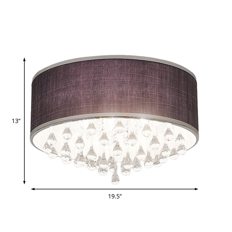 Black Drum Flush Pendant Light 6/8 Lights Contemporary Fabric Ceiling Lighting with Clear Teardrop Crystal Accent, 18"/19.5" Dia Clearhalo 'Ceiling Lights' 'Close To Ceiling Lights' 'Close to ceiling' 'Flush mount' Lighting' 154945