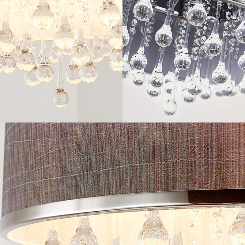 Black Drum Flush Pendant Light 6/8 Lights Contemporary Fabric Ceiling Lighting with Clear Teardrop Crystal Accent, 18"/19.5" Dia Clearhalo 'Ceiling Lights' 'Close To Ceiling Lights' 'Close to ceiling' 'Flush mount' Lighting' 154946