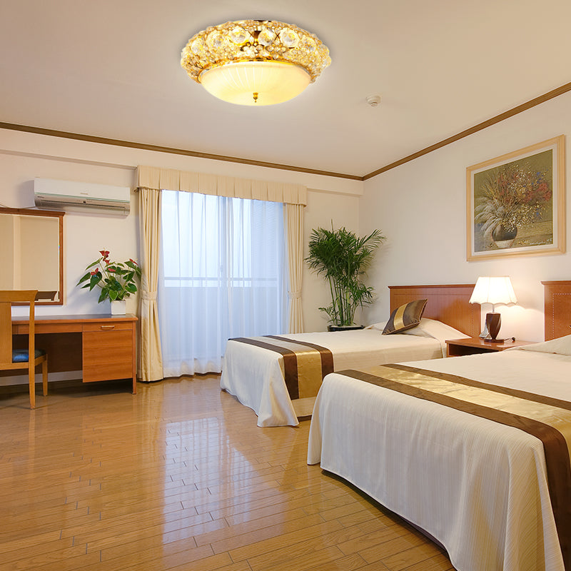 15"/19" W Bowl Semi Mount Lighting Modern Clear Crystal Multi Light Ceiling Fixture with Opal Glass Diffuser in Gold Gold 23" Clearhalo 'Ceiling Lights' 'Close To Ceiling Lights' 'Close to ceiling' 'Flush mount' Lighting' 154953