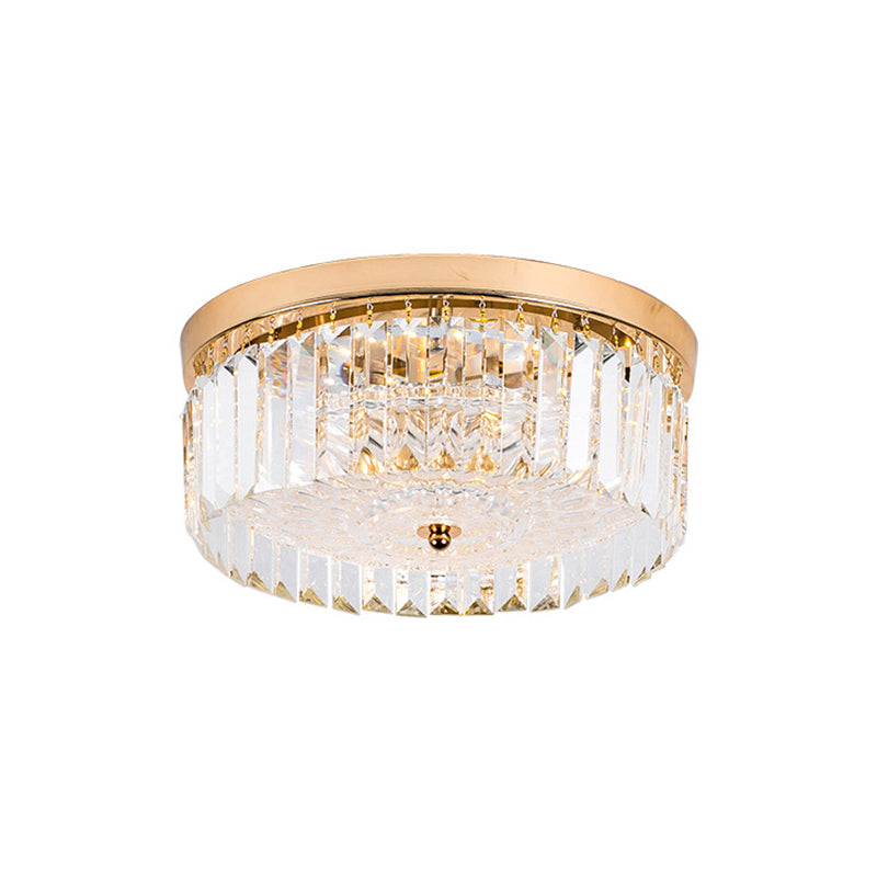 LED Drum Shade Flush Mount Lamp Modernist Metal Flush Ceiling Light with Clear Crystal Prism in Gold Finish, 14"/18" Wide Clearhalo 'Ceiling Lights' 'Close To Ceiling Lights' 'Close to ceiling' 'Flush mount' Lighting' 154965