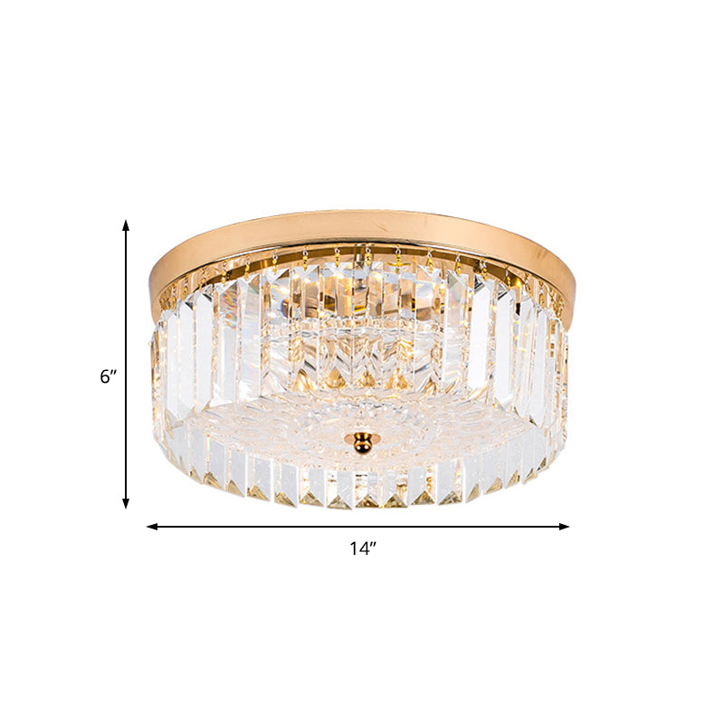 LED Drum Shade Flush Mount Lamp Modernist Metal Flush Ceiling Light with Clear Crystal Prism in Gold Finish, 14"/18" Wide Clearhalo 'Ceiling Lights' 'Close To Ceiling Lights' 'Close to ceiling' 'Flush mount' Lighting' 154966