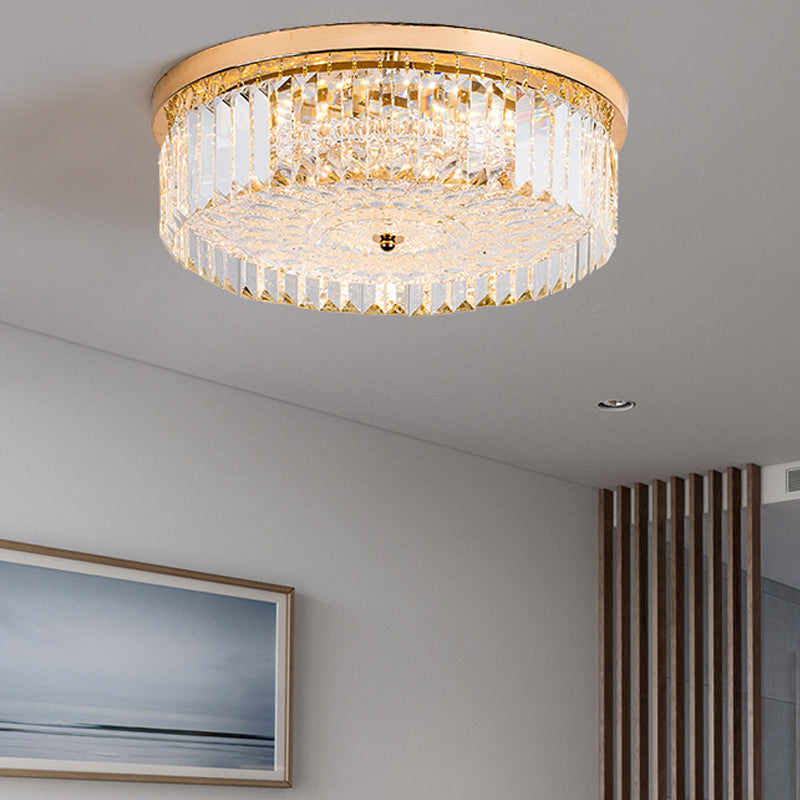 LED Drum Shade Flush Mount Lamp Modernist Metal Flush Ceiling Light with Clear Crystal Prism in Gold Finish, 14"/18" Wide Gold 18" Clearhalo 'Ceiling Lights' 'Close To Ceiling Lights' 'Close to ceiling' 'Flush mount' Lighting' 154968