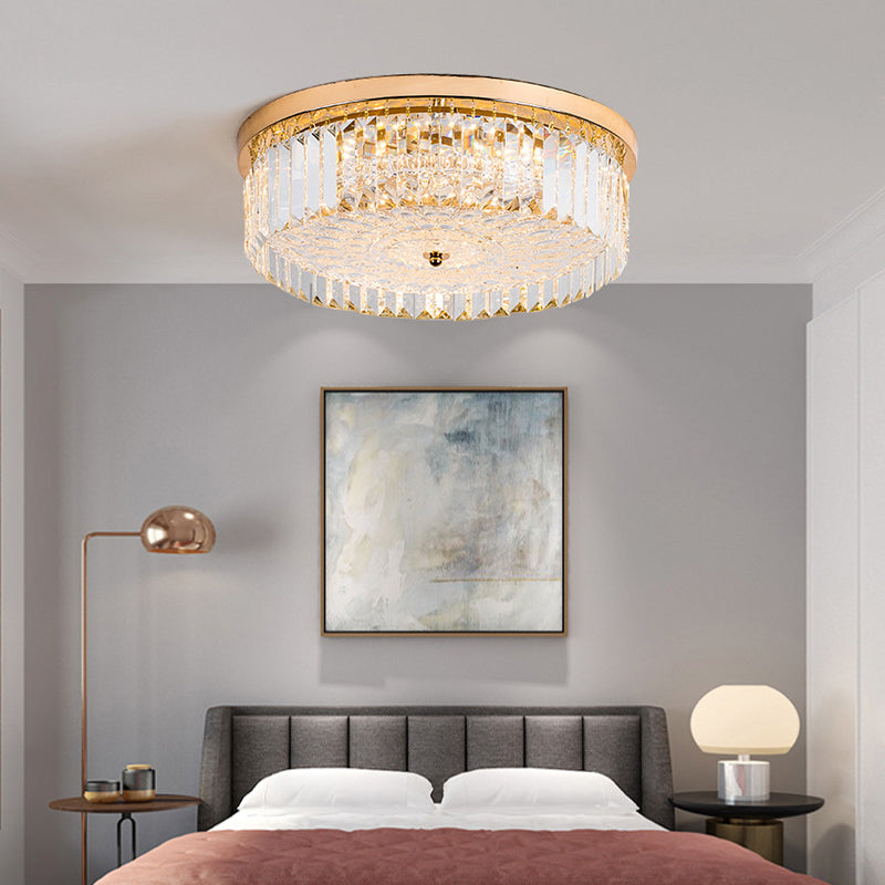 LED Drum Shade Flush Mount Lamp Modernist Metal Flush Ceiling Light with Clear Crystal Prism in Gold Finish, 14"/18" Wide Clearhalo 'Ceiling Lights' 'Close To Ceiling Lights' 'Close to ceiling' 'Flush mount' Lighting' 154969