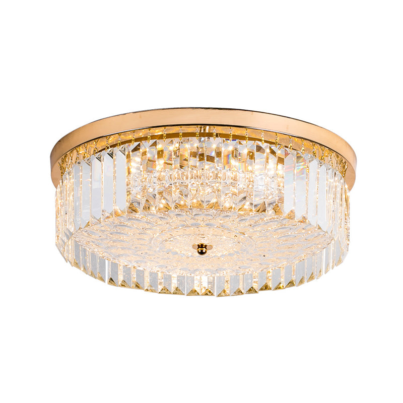 LED Drum Shade Flush Mount Lamp Modernist Metal Flush Ceiling Light with Clear Crystal Prism in Gold Finish, 14"/18" Wide Clearhalo 'Ceiling Lights' 'Close To Ceiling Lights' 'Close to ceiling' 'Flush mount' Lighting' 154970