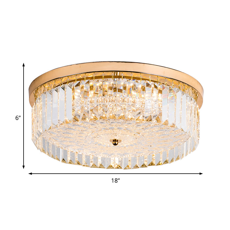 LED Drum Shade Flush Mount Lamp Modernist Metal Flush Ceiling Light with Clear Crystal Prism in Gold Finish, 14"/18" Wide Clearhalo 'Ceiling Lights' 'Close To Ceiling Lights' 'Close to ceiling' 'Flush mount' Lighting' 154971