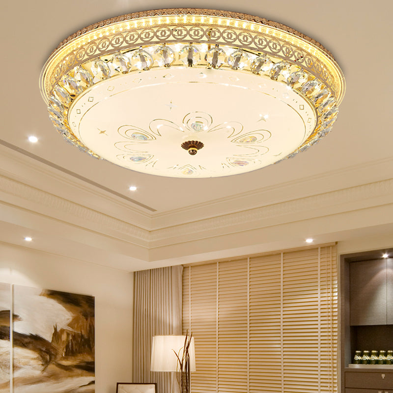 16"/19.5" W Round Flush Mount Light Bedroom Opal Glass LED Modern Flush Ceiling Light with Crystal Accent in Gold Gold 16" B Clearhalo 'Ceiling Lights' 'Close To Ceiling Lights' 'Close to ceiling' 'Flush mount' Lighting' 155057