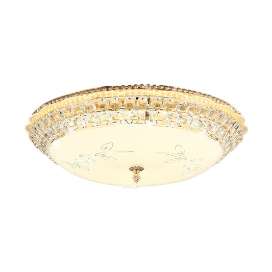 Modernist Bowl Flush Lighting White Glass and Clear Crystal LED Flush Pendant Light for Bedroom, 12"/16" Dia Clearhalo 'Ceiling Lights' 'Close To Ceiling Lights' 'Close to ceiling' 'Flush mount' Lighting' 155140