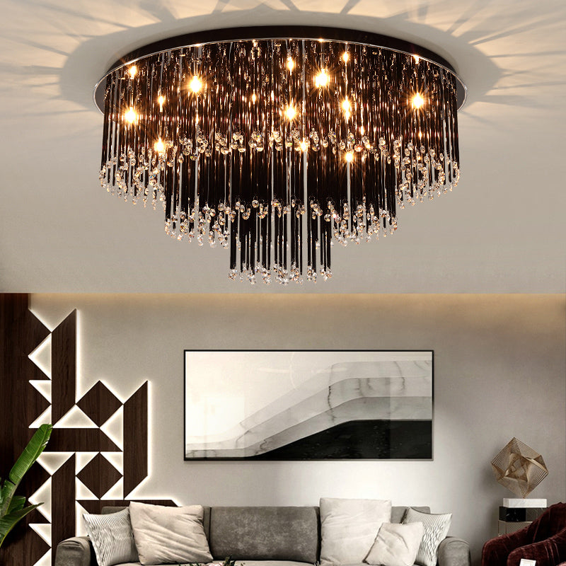 19.5"/23.5" W Tiered Flush Mount Lamp Modern Black Crystal 8/10 Bulbs Flush Mount Chandelier for Bedroom Clearhalo 'Ceiling Lights' 'Close To Ceiling Lights' 'Close to ceiling' 'Flush mount' Lighting' 155485