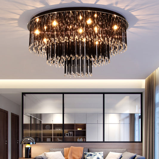 19.5"/23.5" W Tiered Flush Mount Lamp Modern Black Crystal 8/10 Bulbs Flush Mount Chandelier for Bedroom Black 23.5" Clearhalo 'Ceiling Lights' 'Close To Ceiling Lights' 'Close to ceiling' 'Flush mount' Lighting' 155486