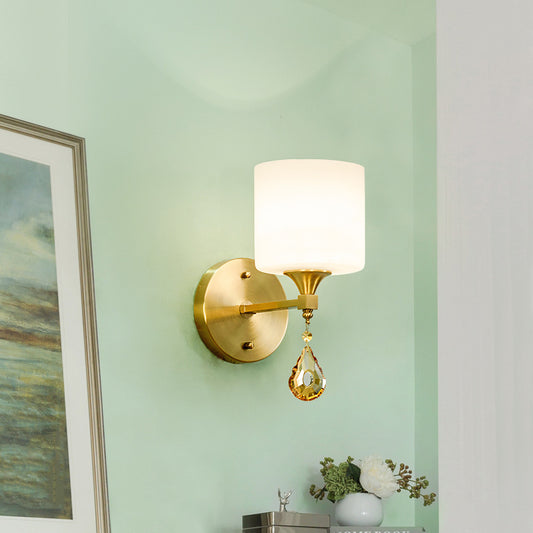 Nordic Style Cylinder Wall Lamp Frosted Glass 1/2-Light Sconce Light with Amber Crystal Drop in Brass 1.0 Brass Clearhalo 'Cast Iron' 'Glass' 'Industrial' 'Modern wall lights' 'Modern' 'Tiffany' 'Traditional wall lights' 'Wall Lamps & Sconces' 'Wall Lights' Lighting' 155537