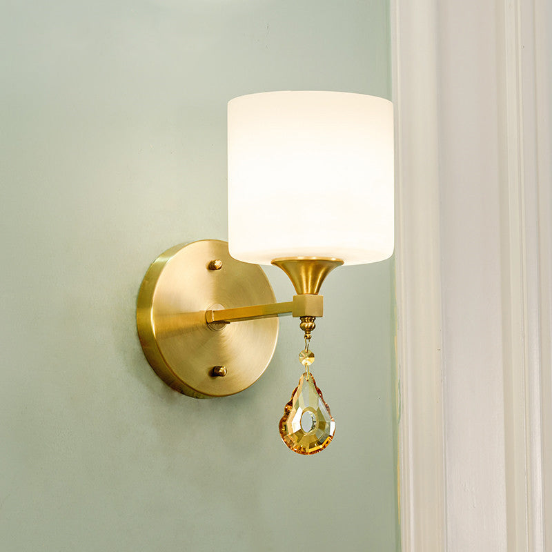 Nordic Style Cylinder Wall Lamp Frosted Glass 1/2-Light Sconce Light with Amber Crystal Drop in Brass Clearhalo 'Cast Iron' 'Glass' 'Industrial' 'Modern wall lights' 'Modern' 'Tiffany' 'Traditional wall lights' 'Wall Lamps & Sconces' 'Wall Lights' Lighting' 155538